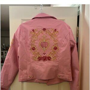 NWOT Sugar Thrillz Faux leather Embroidered Pink moto Jacket